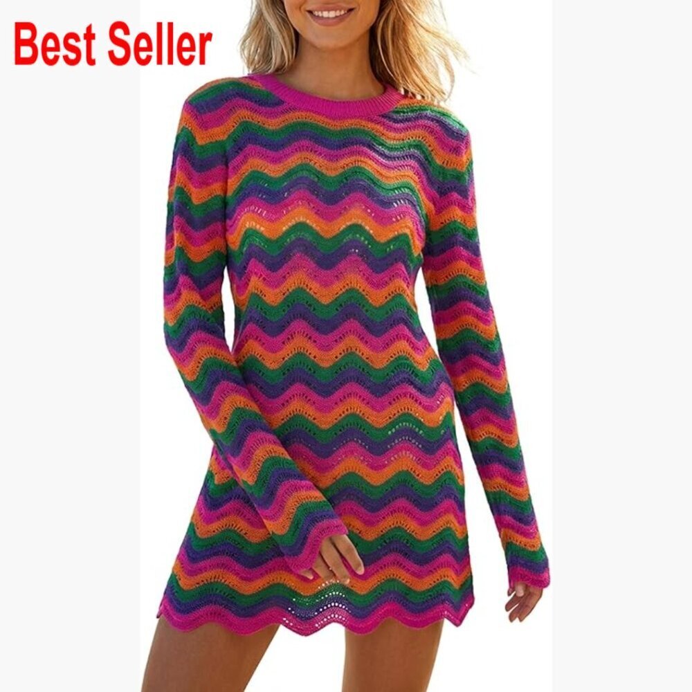 Crochet Knit Long Sleeve Mini Dress Cover Up